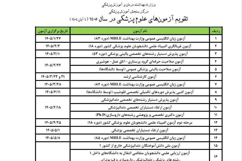 تقویم آزمون های علوم پزشکی ۱۴۰۵